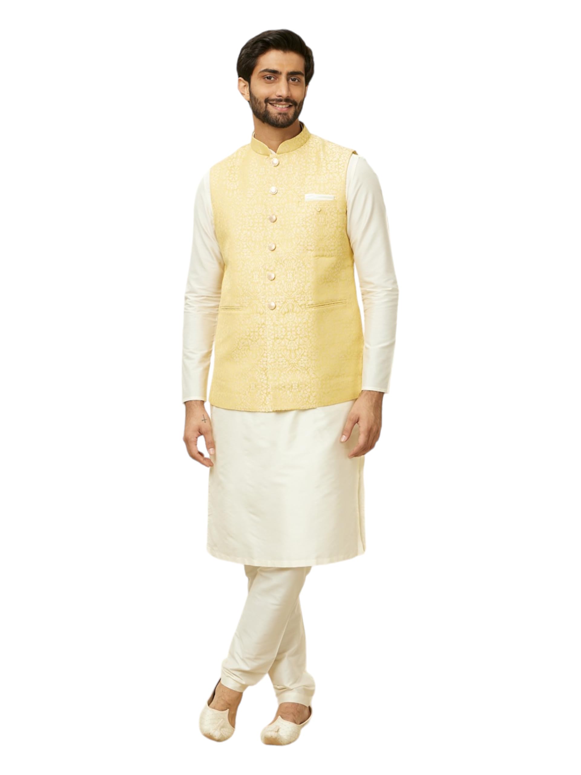 Manyavar Mens Yellow Brocade Self Design Jackets