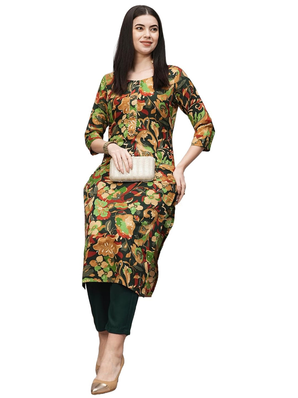 ANNI DESIGNER Womens Cotton Blend Straight Printed Kurta with Pant (Jabala Green_S_Green_Small)