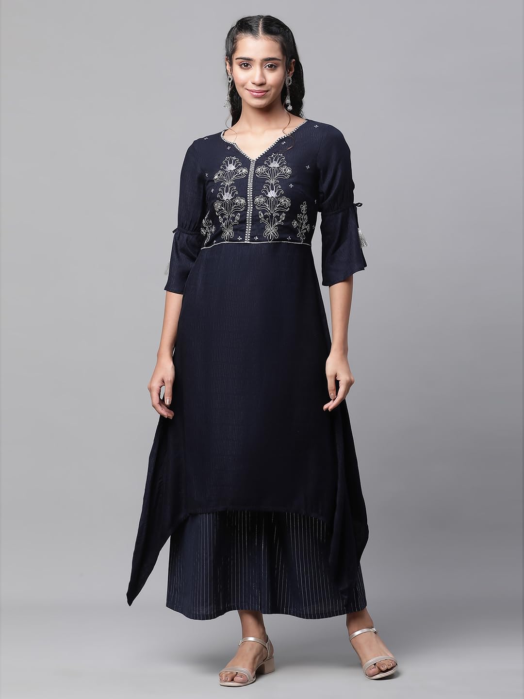Aurelia Women Dark Blue Viscose Asymmetrical Kurta, Palazzos Suit Set