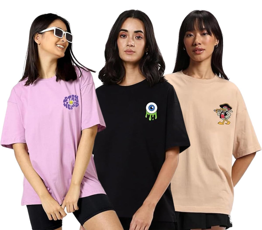 Juneberry Pure Cotton Oversized Loose Baggy Fit Drop Shoulder Half Sleeve Cool Front & Back Graphic Printed Round Neck T-Shirt F
