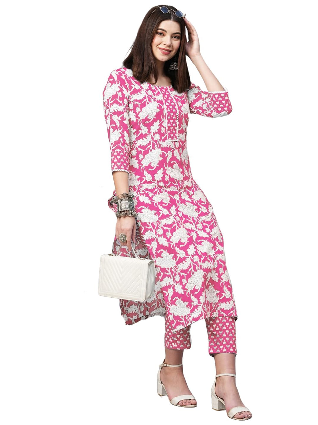 ANNI DESIGNER Womens Cotton Blend Printed Straight Kurta with Pant (Pustak Baby Pink_XL_Black_X-Large)