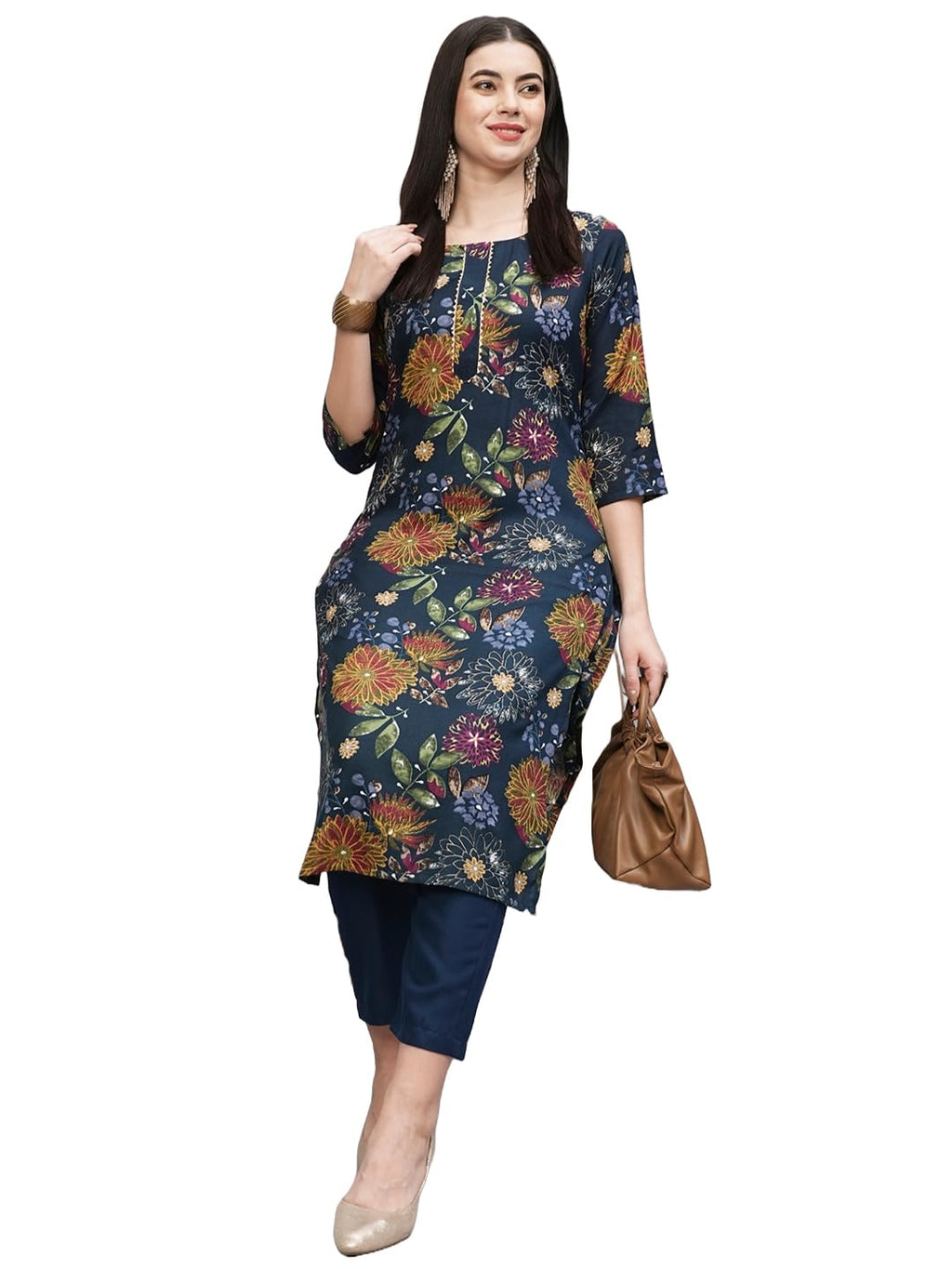 ANNI DESIGNER Womens Cotton Blend Straight Printed Kurta with Pant (Paajas Blue_S_Blue_Small)