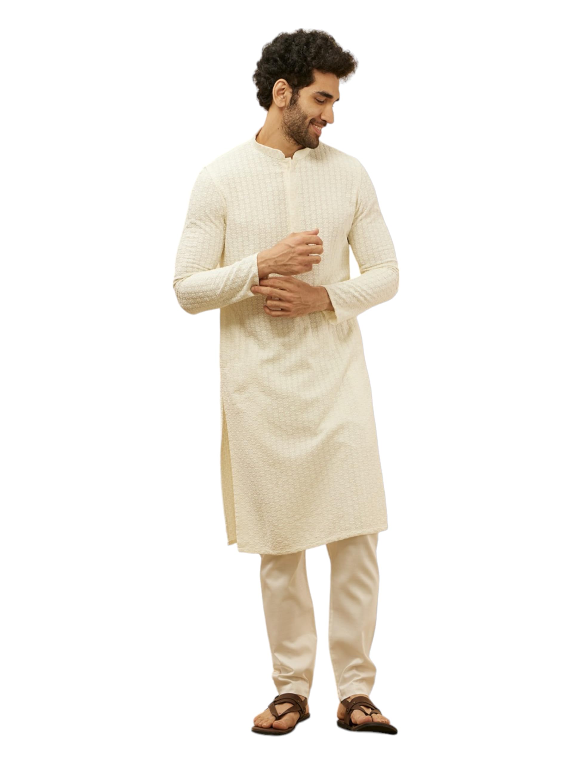 Manyavar Mens Cream Viscose Chikankari Kurta Pyjama Set