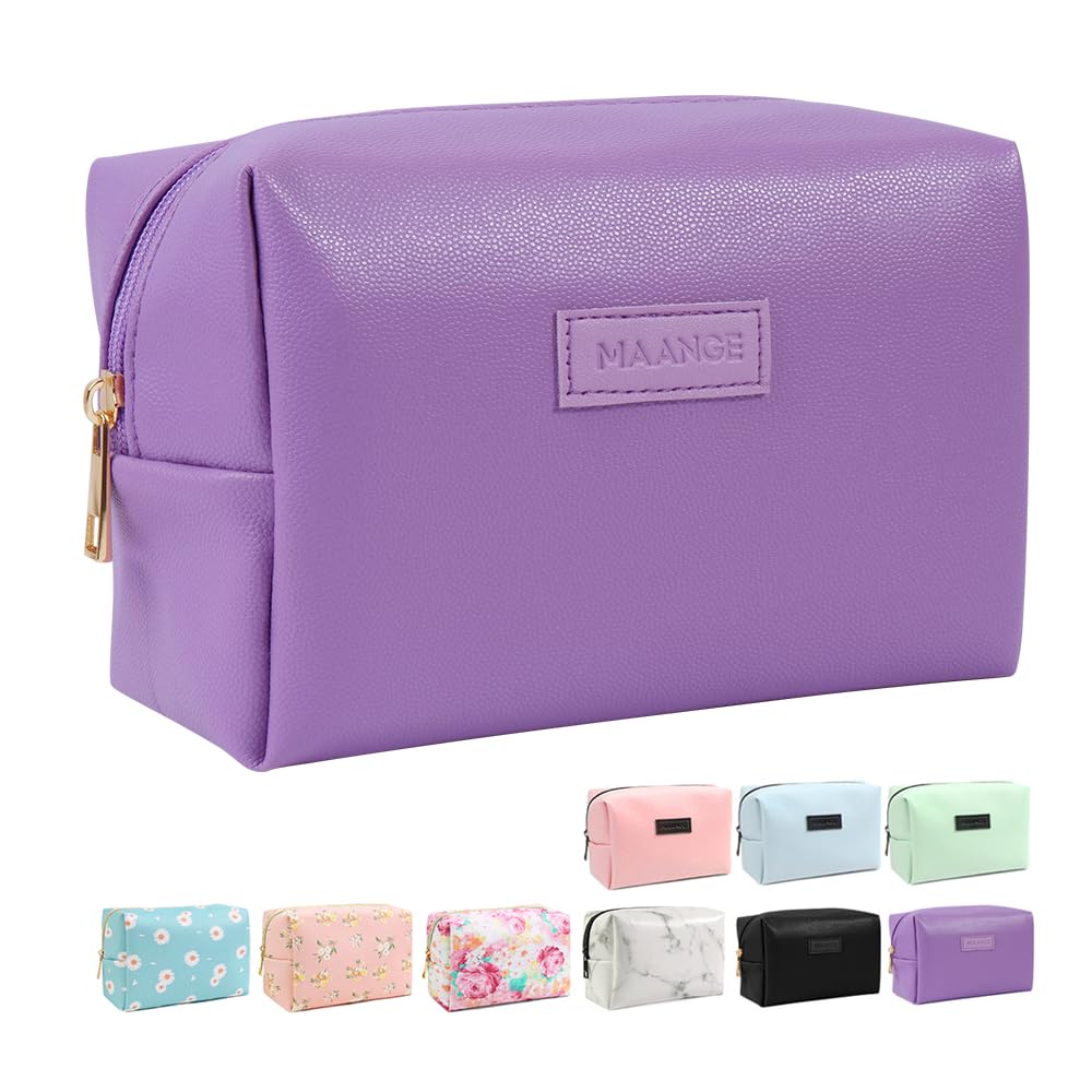 MAANGE Small Makeup Bag For Purse, Travel Cosmetic Bag Makeup Pouch PU Leather Portable Versatile Zipper Pouch For Women (Purple