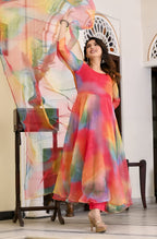 ANNI DESIGNER Womens Organza Anarkali Floral Printed Kurta with Pant & Dupatta (Chakrika-Multi-NW_M_Multi_Medium) Multicolour