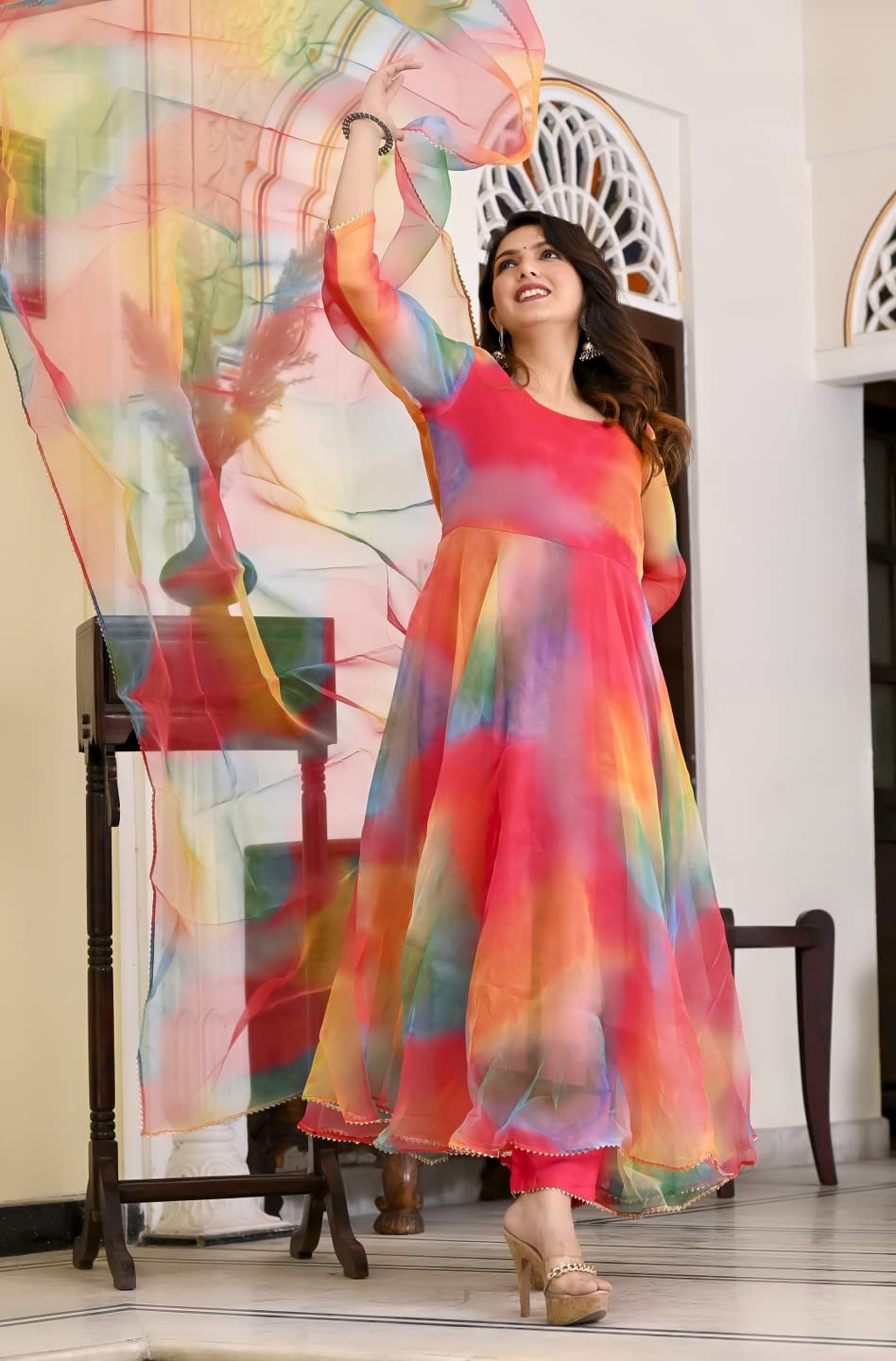 ANNI DESIGNER Womens Organza Anarkali Floral Printed Kurta with Pant & Dupatta (Chakrika-Multi-NW_M_Multi_Medium) Multicolour