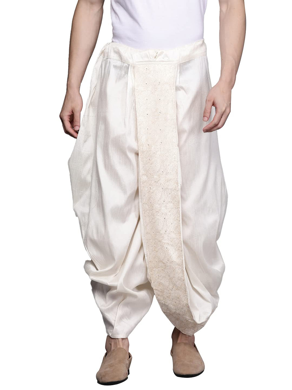 Manyavar Elegant Art Silk Readymade Stiched Dhoti For Men - (Cream, Xx-Large)