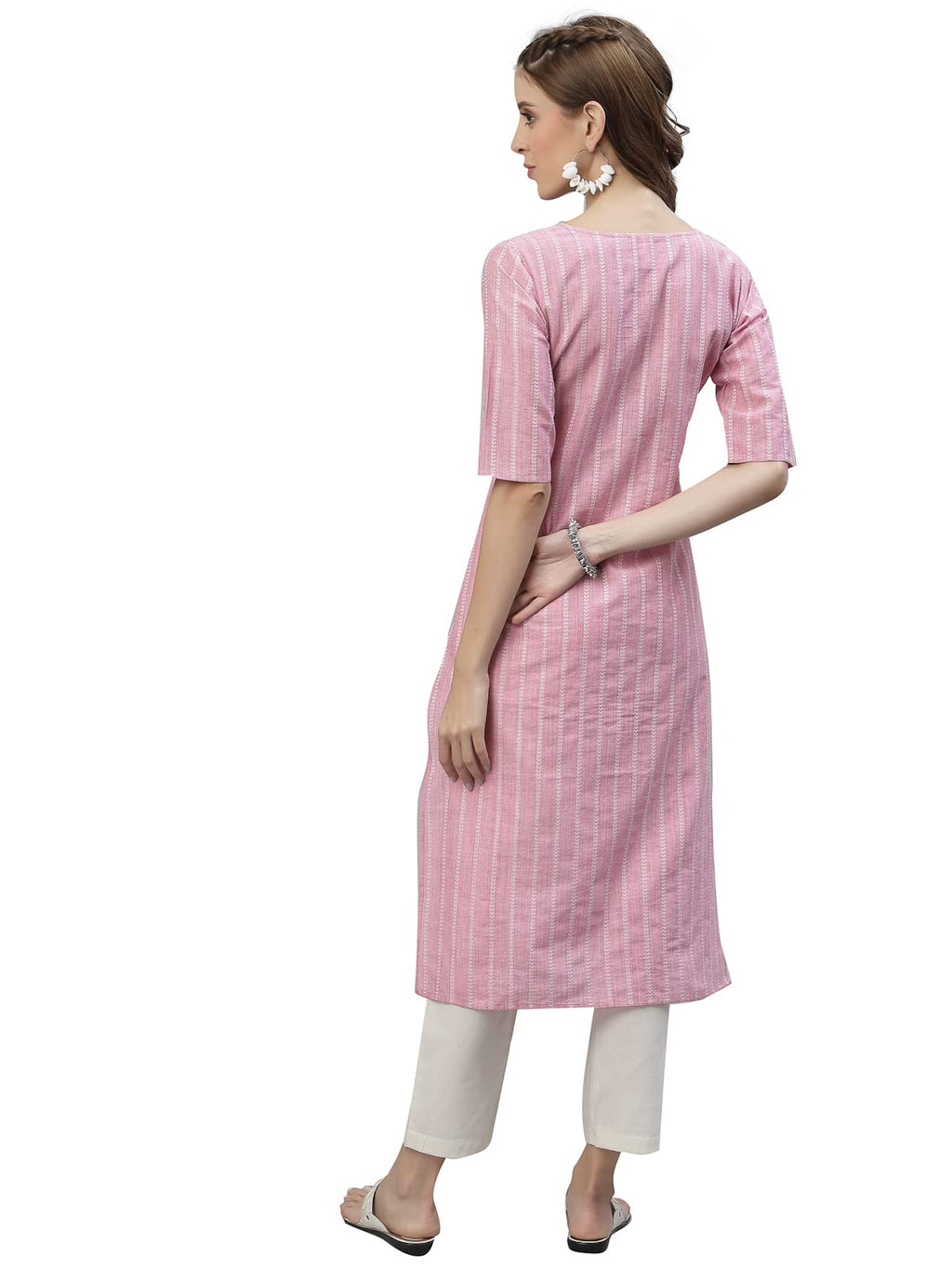 Stylum Womens Cotton Blend Straight Fit Self Woven Striped Straight Kurta
