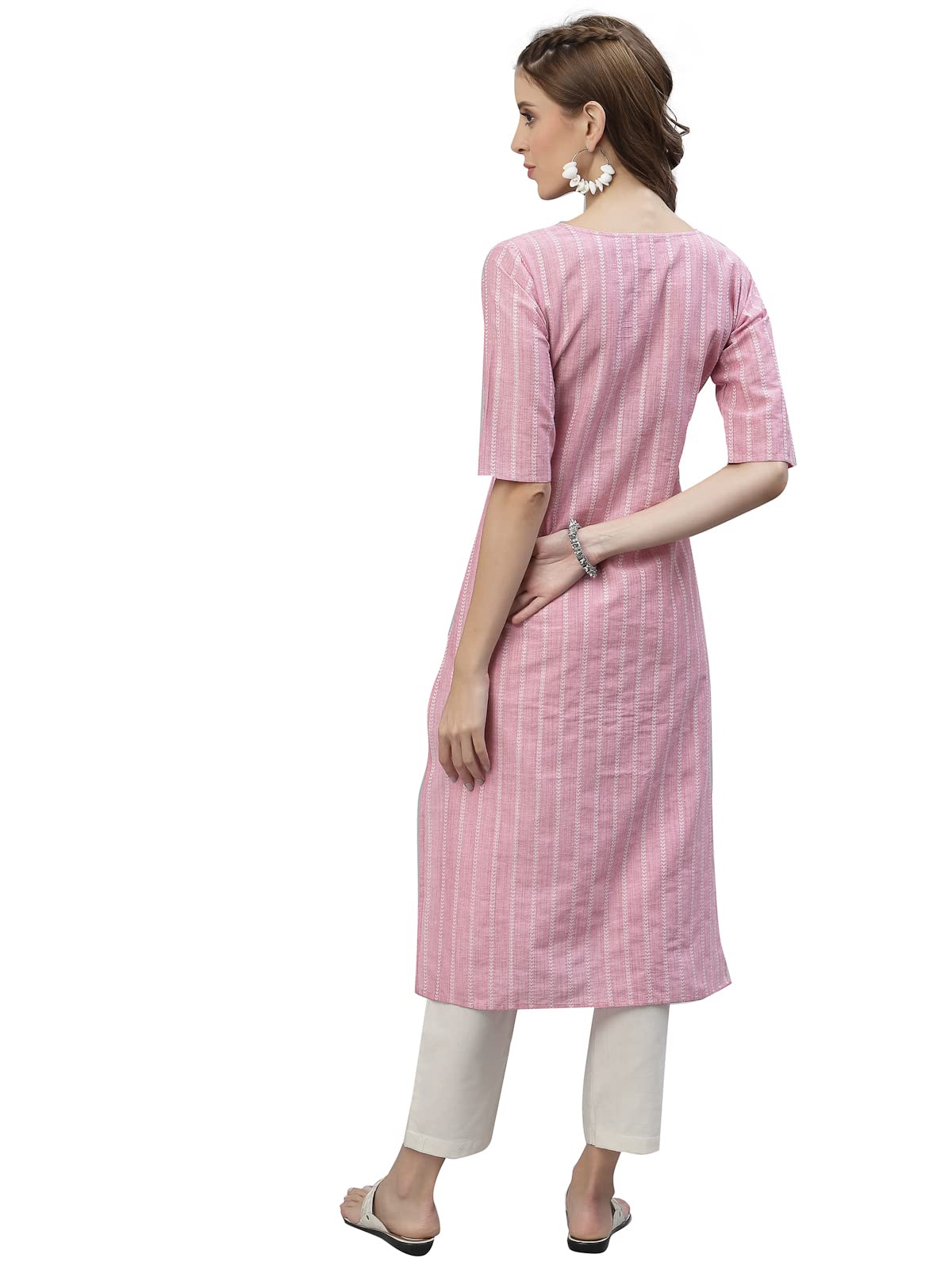 Stylum Womens Cotton Blend Straight Fit Self Woven Striped Straight Kurta