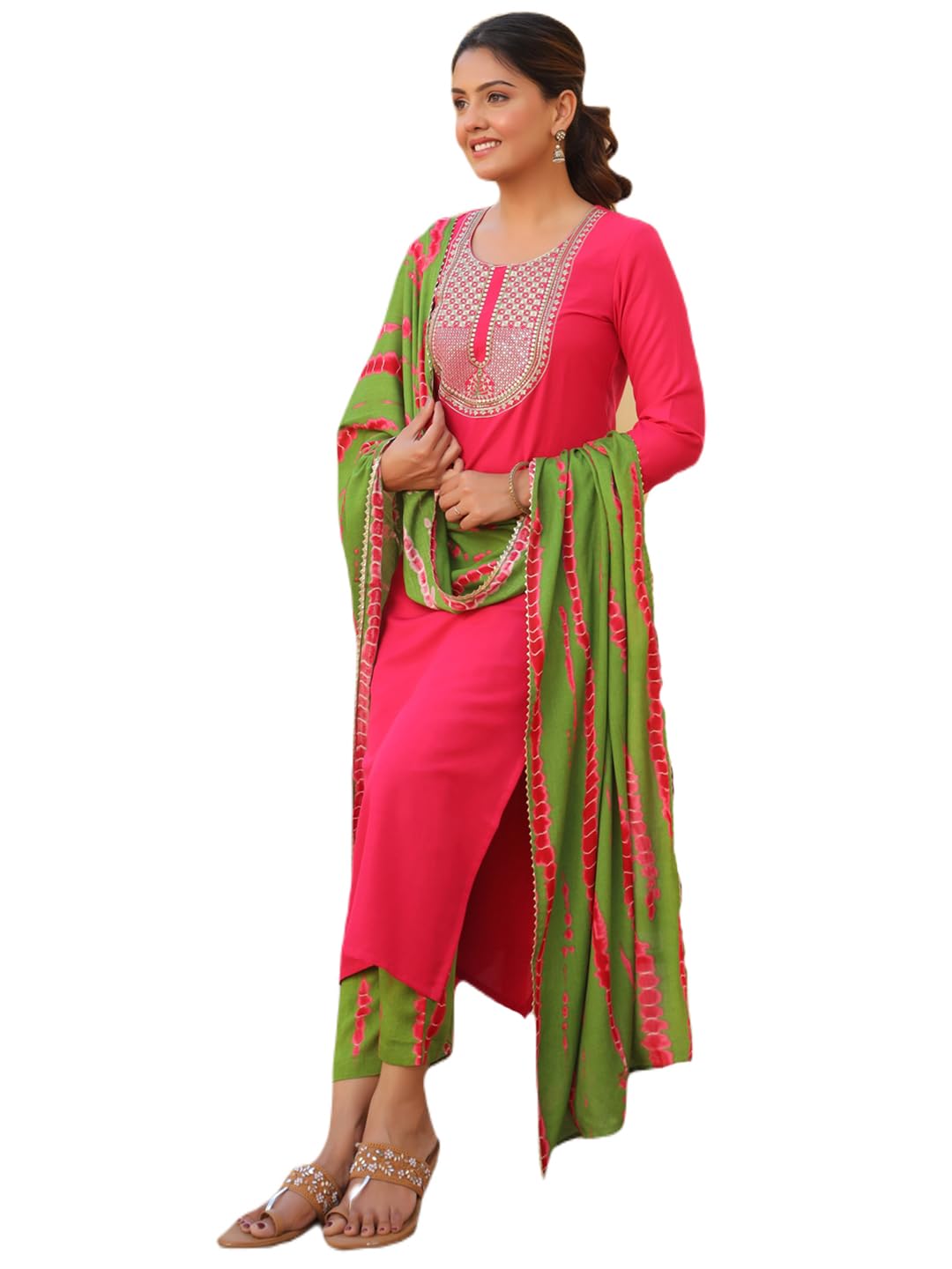 ANNI DESIGNER Women s Kurta Rayon Blend Pants with Dupatta, Pink, XL