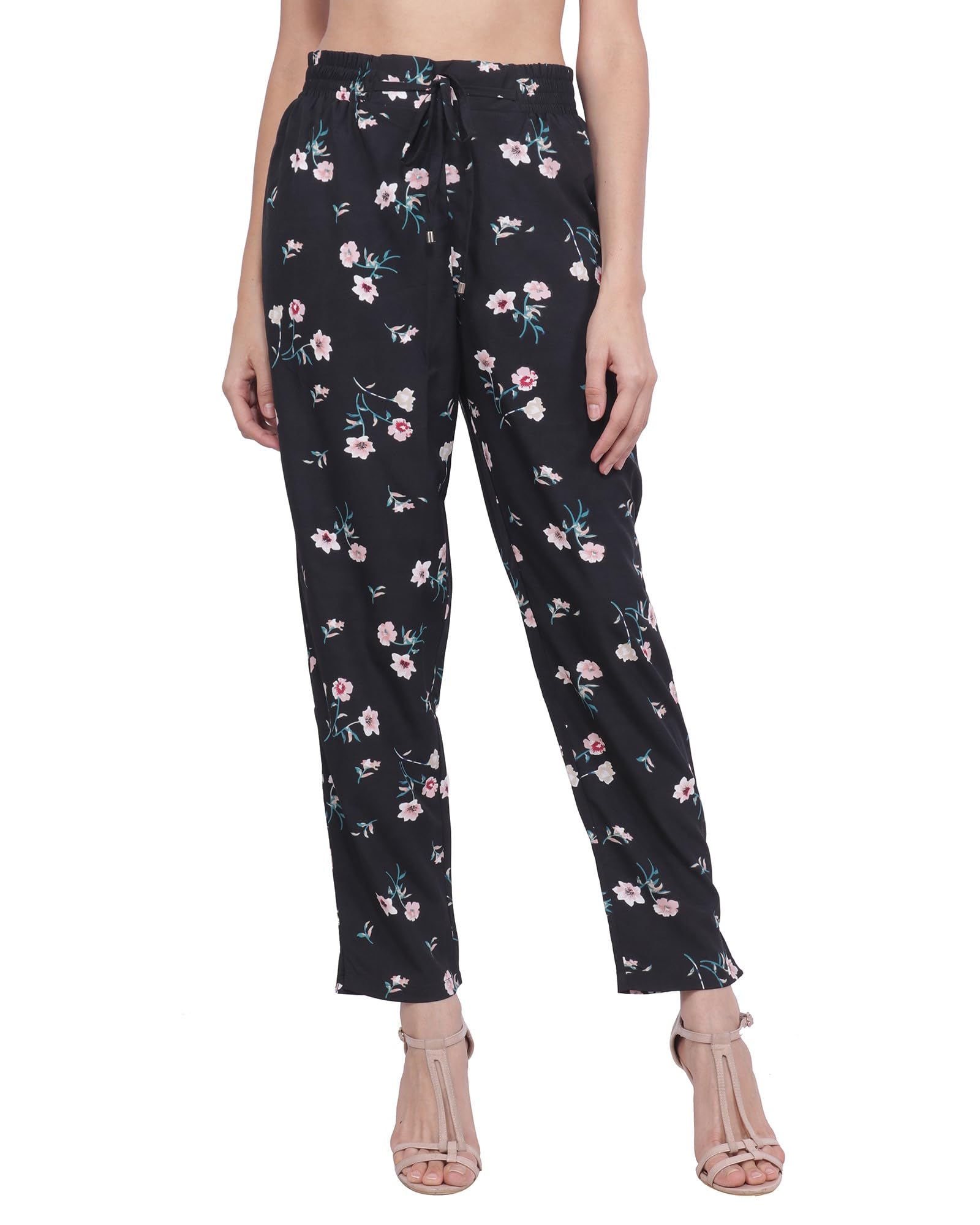 POPWINGS Women Casual Black Floral Printed Palazzo Palazzos for Women