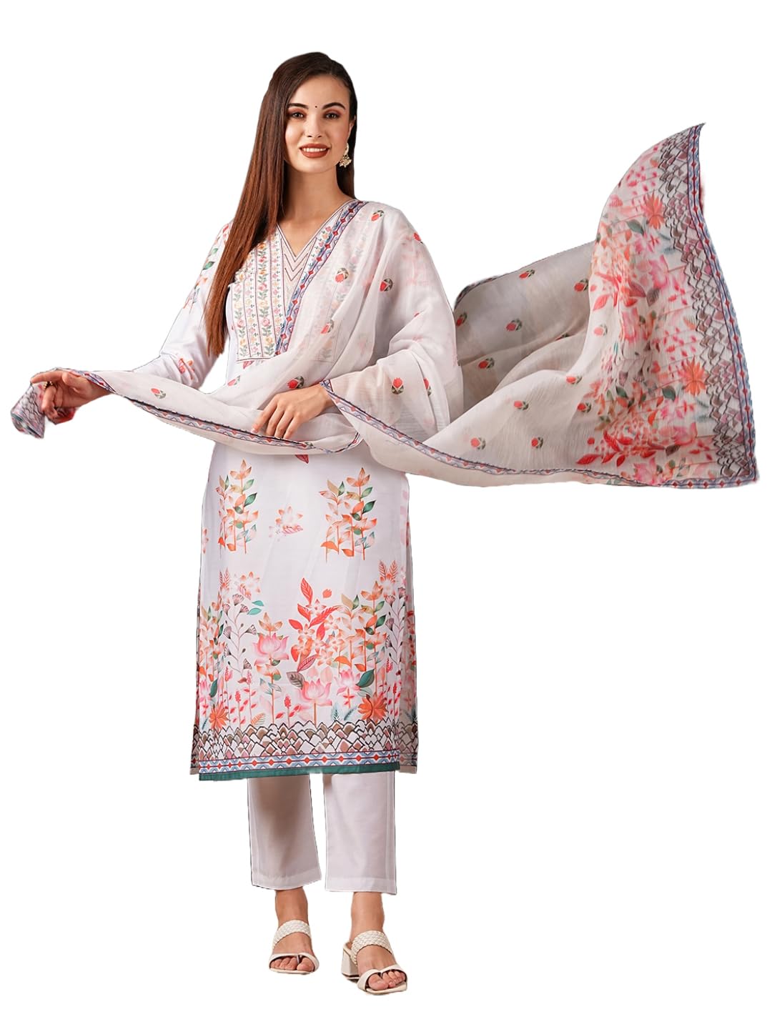 ANNI DESIGNER Ladies Cotton Blend Kurta Trousers with Dupatta Set, cream, XXL
