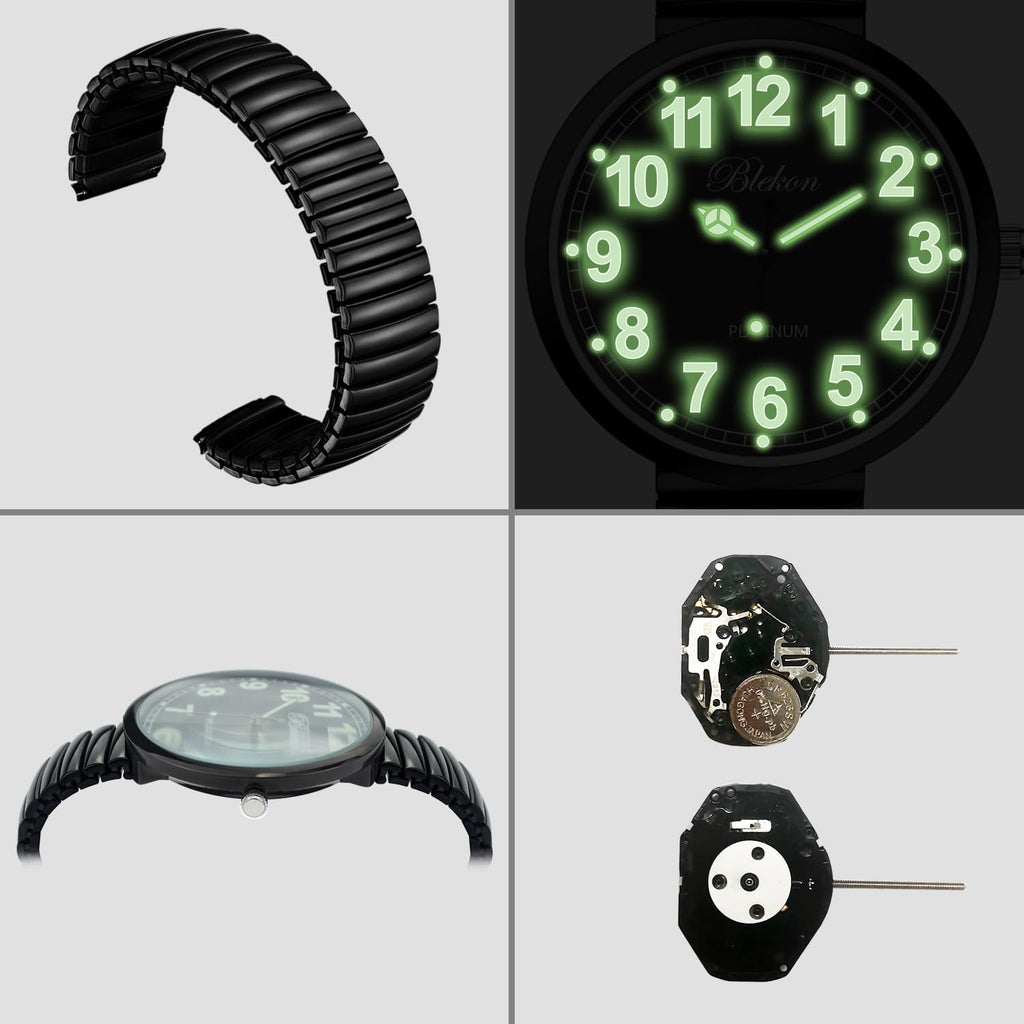 Blekon Collections New Super Large Face Stretch Band Japanese Movement PC21J Fashion Watch (Black/Luminous)