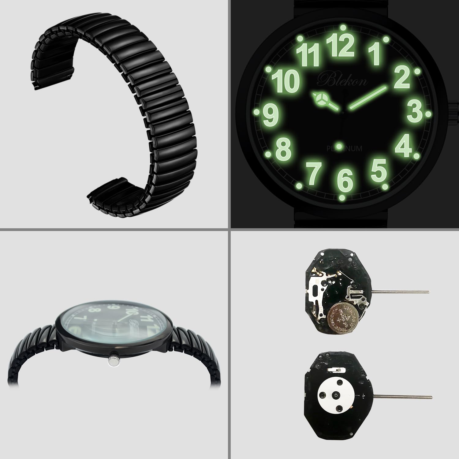 Blekon Collections New Super Large Face Stretch Band Japanese Movement PC21J Fashion Watch (Black/Luminous)