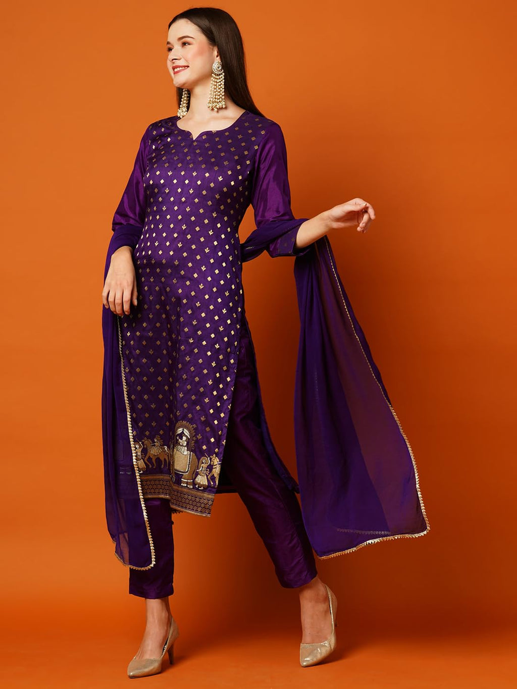 Anni Designer Women'S Cotton Blend Straight Embellished Kurta With Pant & Dupatta
