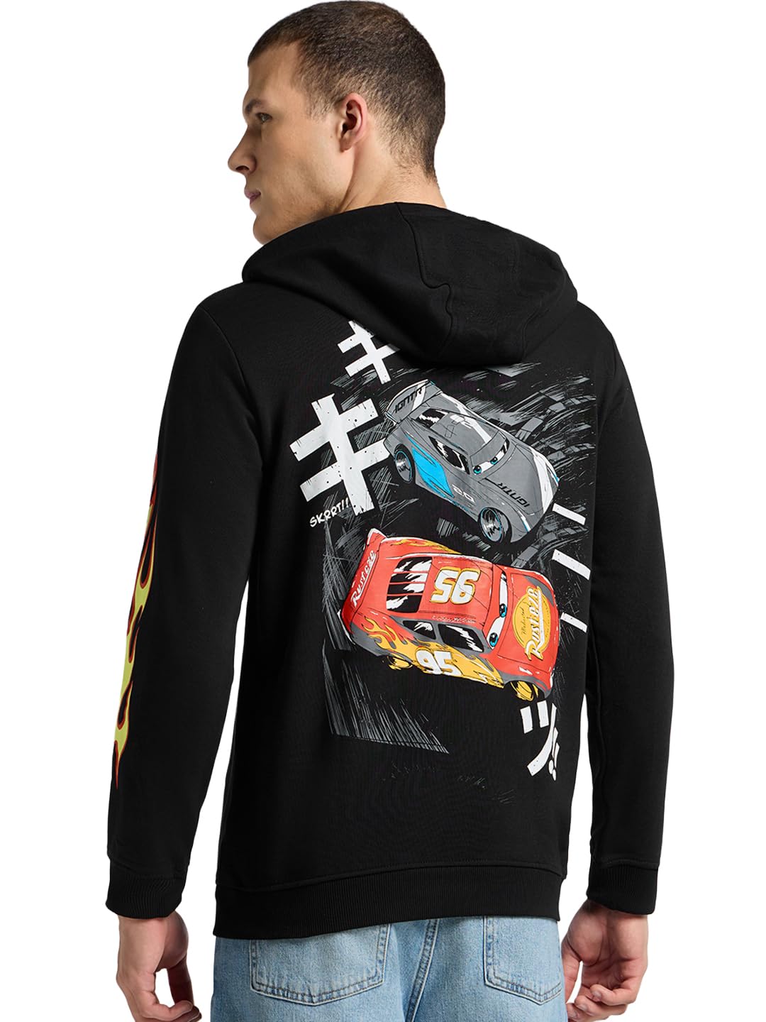 Bewakoof Official Disney Merchandise Lightning McQueen Mens Graphic Print Regular Fit Full Sleeve Fleece Hoodies_690819_Black_X
