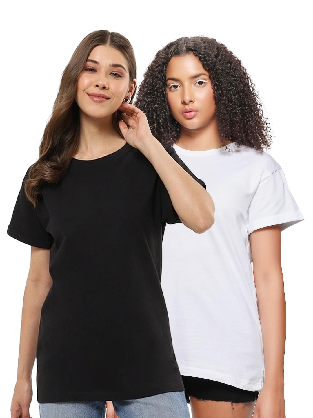 Bewakoof WomenS Solid Boyfriend Fit Half Sleeve Round Neck Cotton Jersey T-Shirt (Pack Of 2)_645137_Black_M