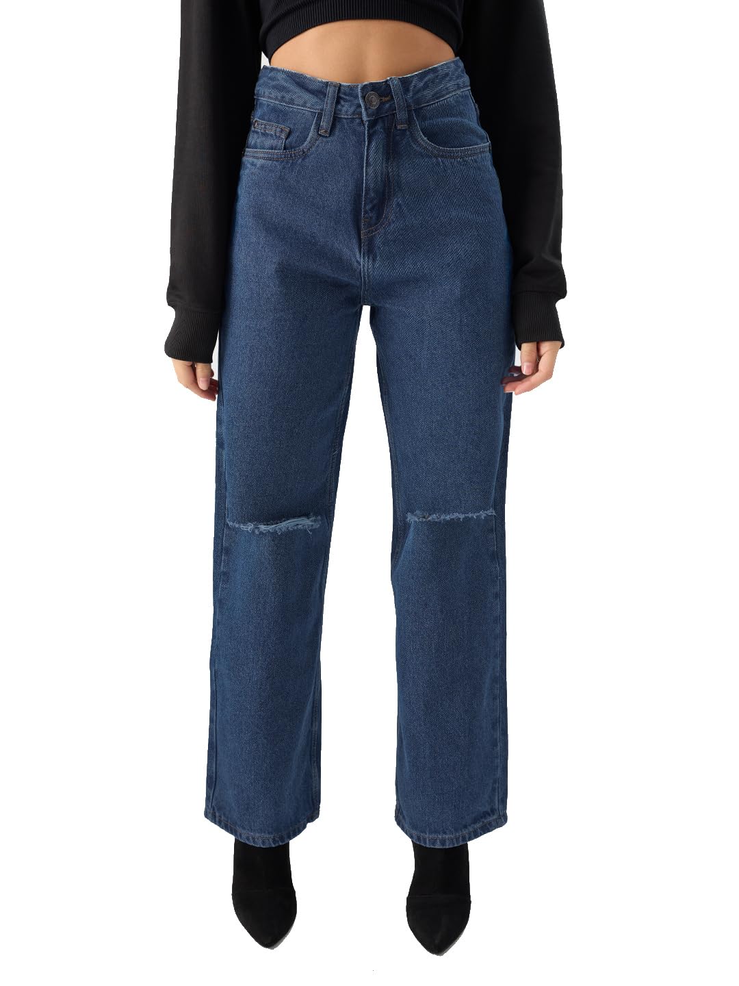 The Souled Store Solids: Distressed Blue (Wide Leg Fit) Women Jeans Womens Jeans Skinny for Women High-Waisted Bootcut Straight