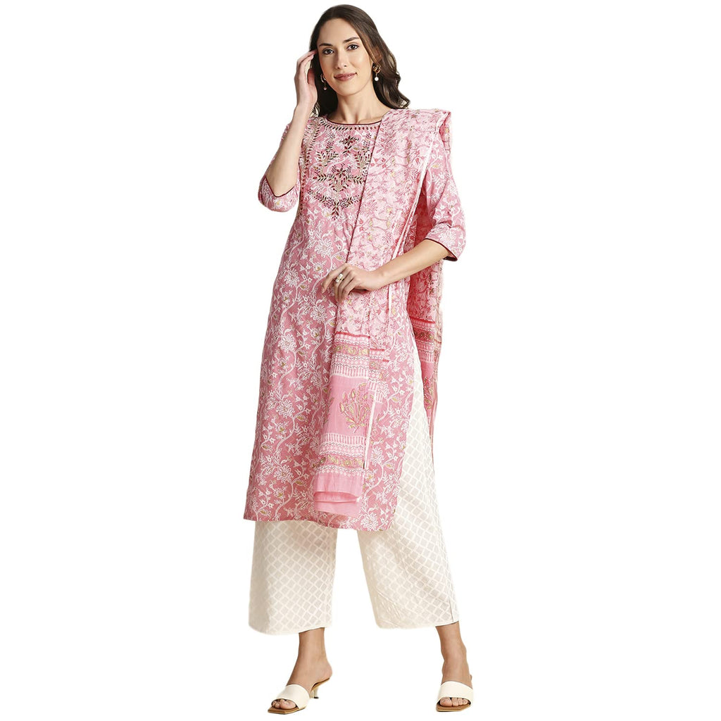 Anubhutee Pink Floral Embroidered Cotton Straight Kurta Suit Set With Palazzos And Dupatta For Women