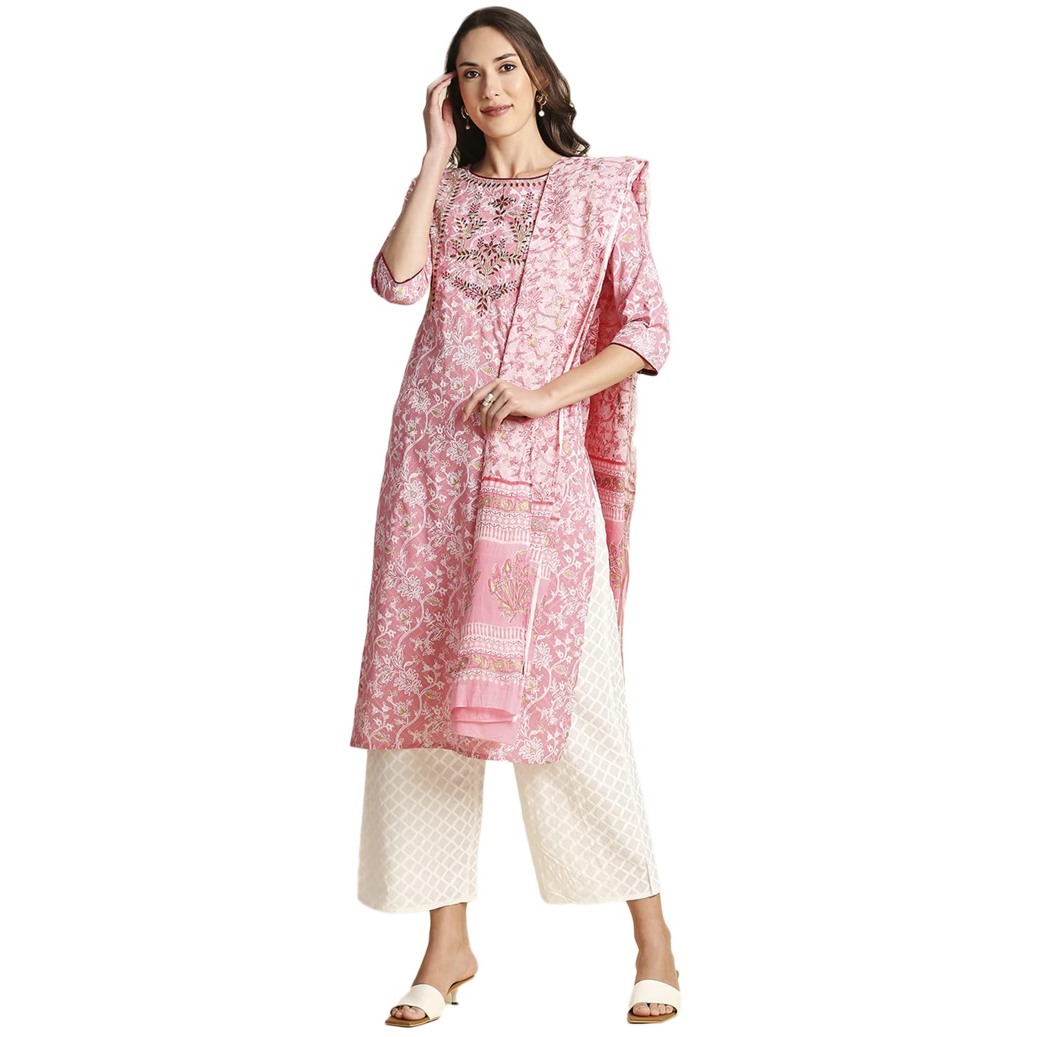 Anubhutee Pink Floral Embroidered Cotton Straight Kurta Suit Set With Palazzos And Dupatta For Women