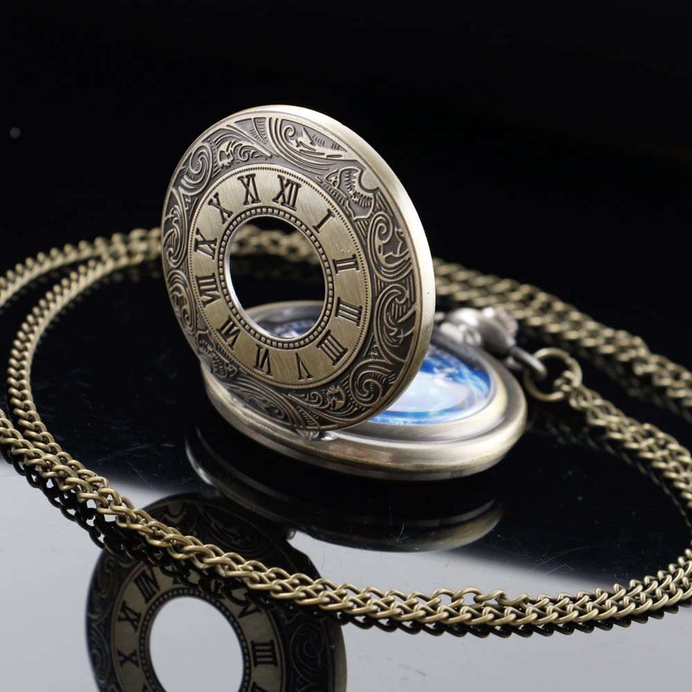 Tiong Vintage Blue Starry Night Moon Dial Roman Numerals Scale Pocket Watch with Chain Gifts for Birthday Graduation Christmas F