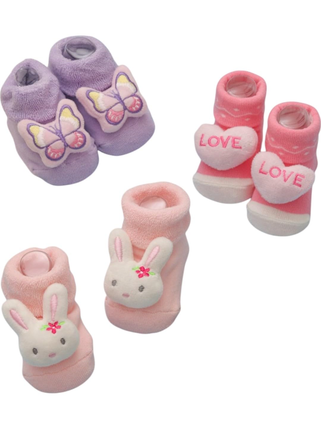 Yellow Bee Sweet Love, Bunny, And Butterfly Rattle Socks Combo For Girls, Pack Of 3 Pink And Purple, 012 Months 0-12