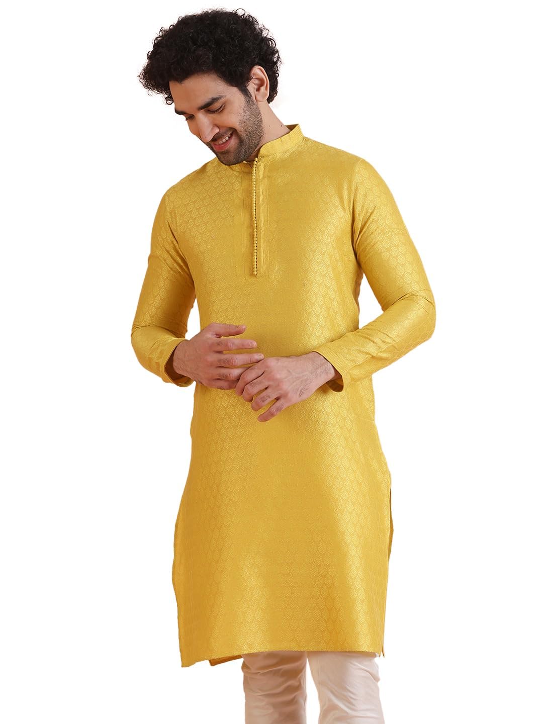 Kisah Men Light Yellow Embroidered Straight Kurta Full Sleaves, Knee Length, Straight, Regular Fit, Mandarin Collar Ethnic Wear