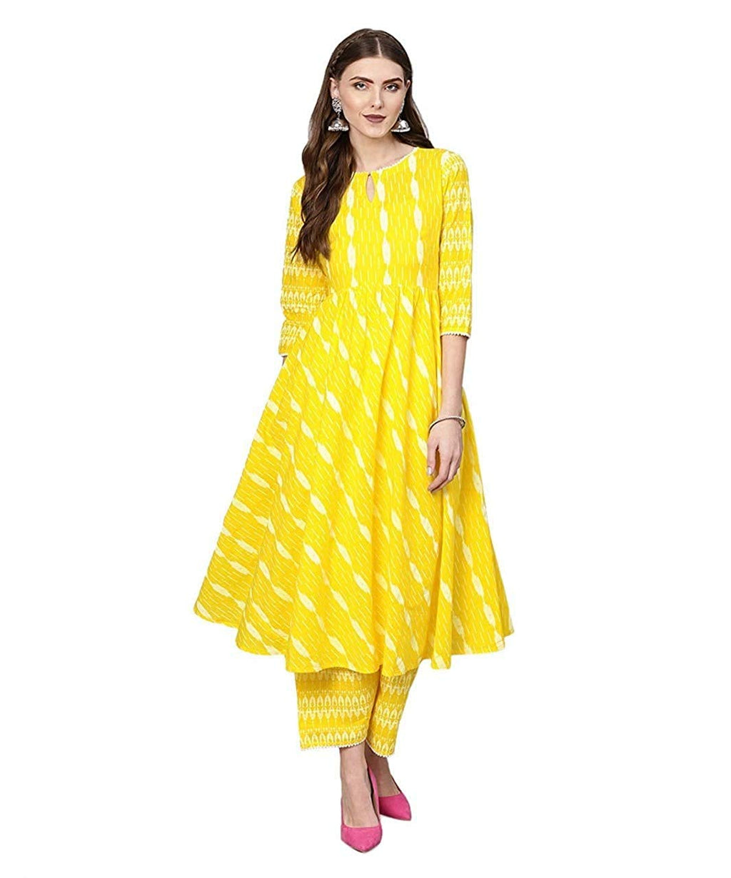 ANNI DESIGNER Women's Cotton A-Line Kurta with Pant (Yellow,XXL)