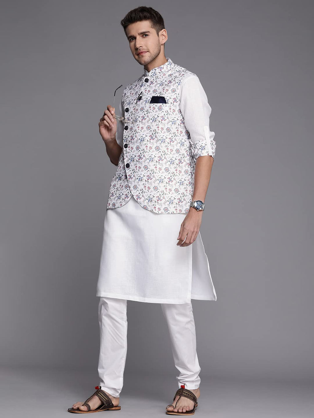 Manyavar Kurta Jacket Set For Men, Full Sleeves Mandarin Collar Ethnic Wear Jacket Set For Festival, Wedding, Party Blended Visc