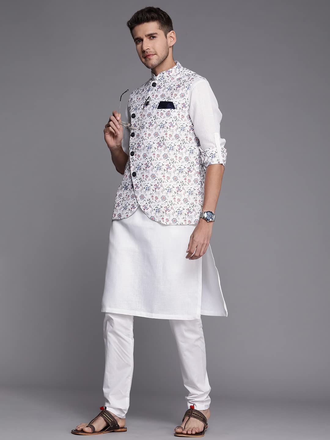 Manyavar Kurta Jacket Set For Men, Full Sleeves Mandarin Collar Ethnic Wear Jacket Set For Festival, Wedding, Party Blended Visc