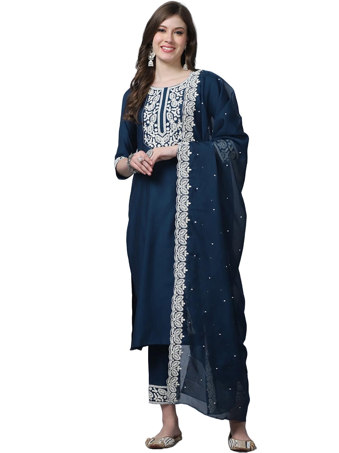 Alvami Women'S Silk Embroidery Kurta And Pant Suit Set With Dupatta (Small) Blue