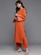 Varanga Women Rust Solid V-Neck Embellished With Gota Straight Kurta Paired With Tonal Bottom And Dupatta
