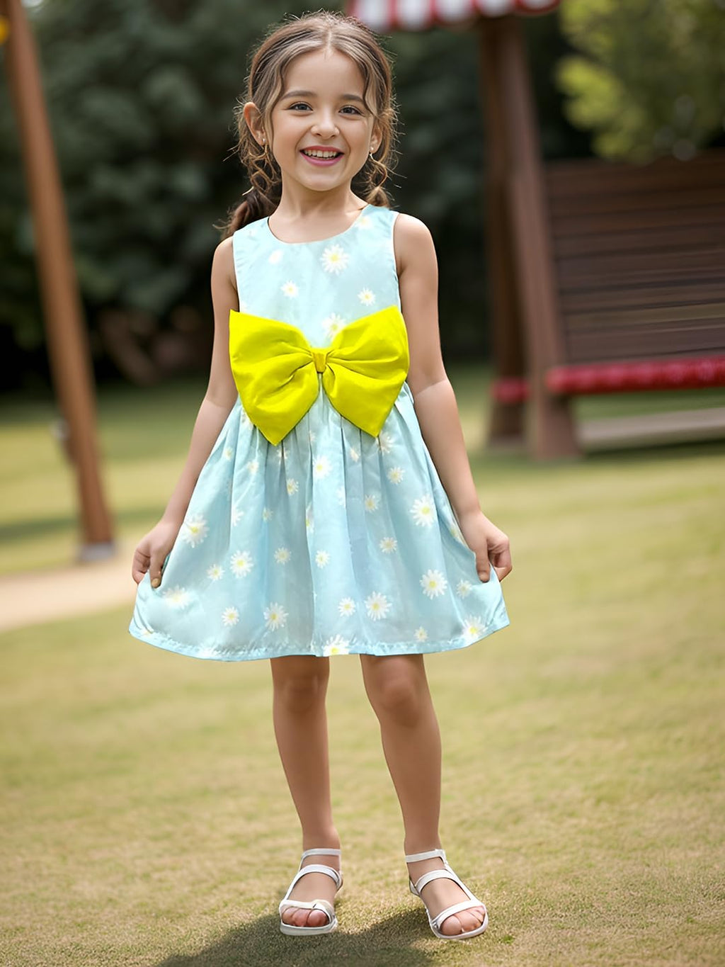 A.T.U.N. (ALL THINGS UBER NICE) Mini Auqa Floral Printed Pam Bow Dress for Girls Aqua