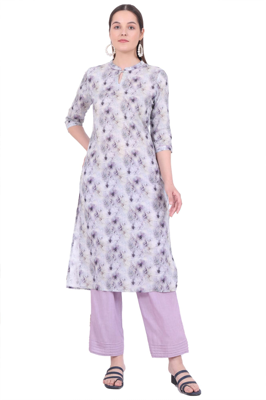 Aurelia Women'S Purple Printed Pure Cotton Straight Kurta With Palazzo & Dupatta Set (Size: L)-As15582-508947