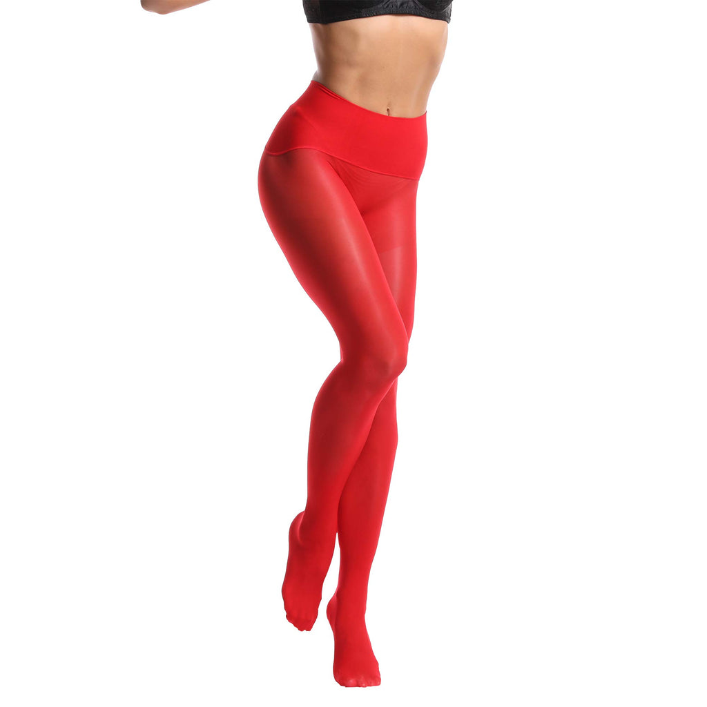 Frola Oil Shiny Stockings Pantyhose 360Seamless Crotch High Waist Smooth Tights for Women(Medium,1Pair Red)
