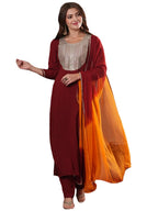 ANNI DESIGNER Ladies Plain Rayon Blend Kurta with Trousers and Dupatta, dark red, S
