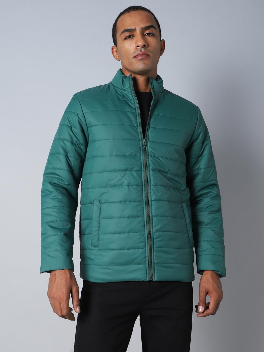High Star Men Teal Polyester Mandarin Collar Long Sleeves Puffer Jacket