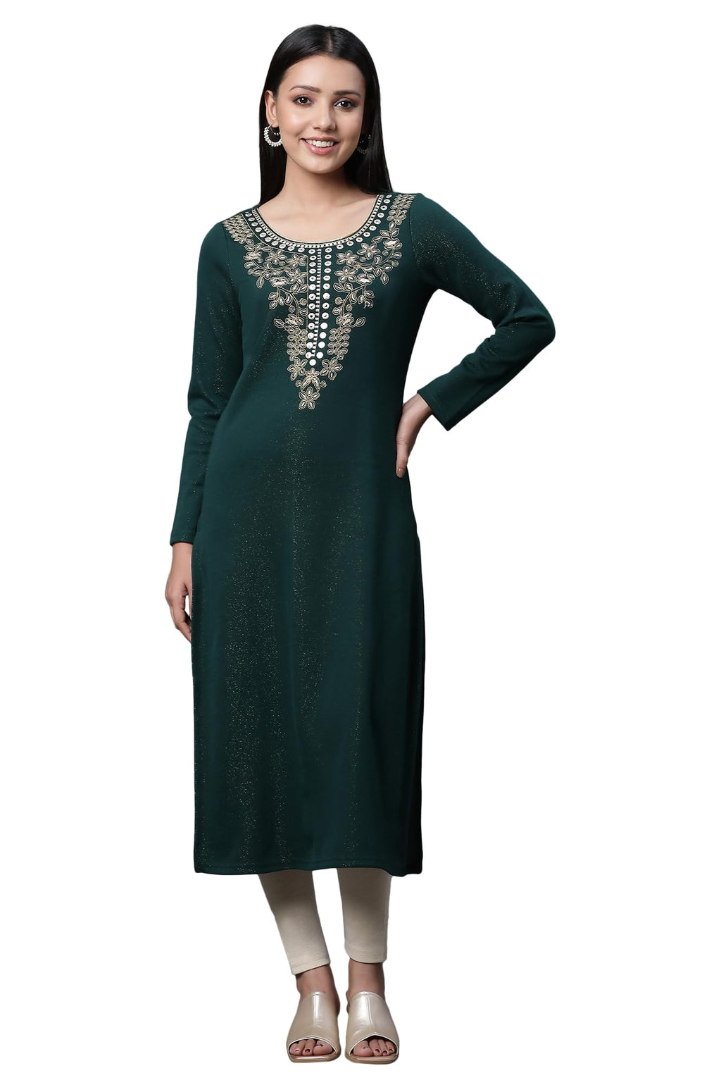 Aurelia Green Embroidered Winter Kurta And Tights Set (Size: S)-23Noas14732-704480
