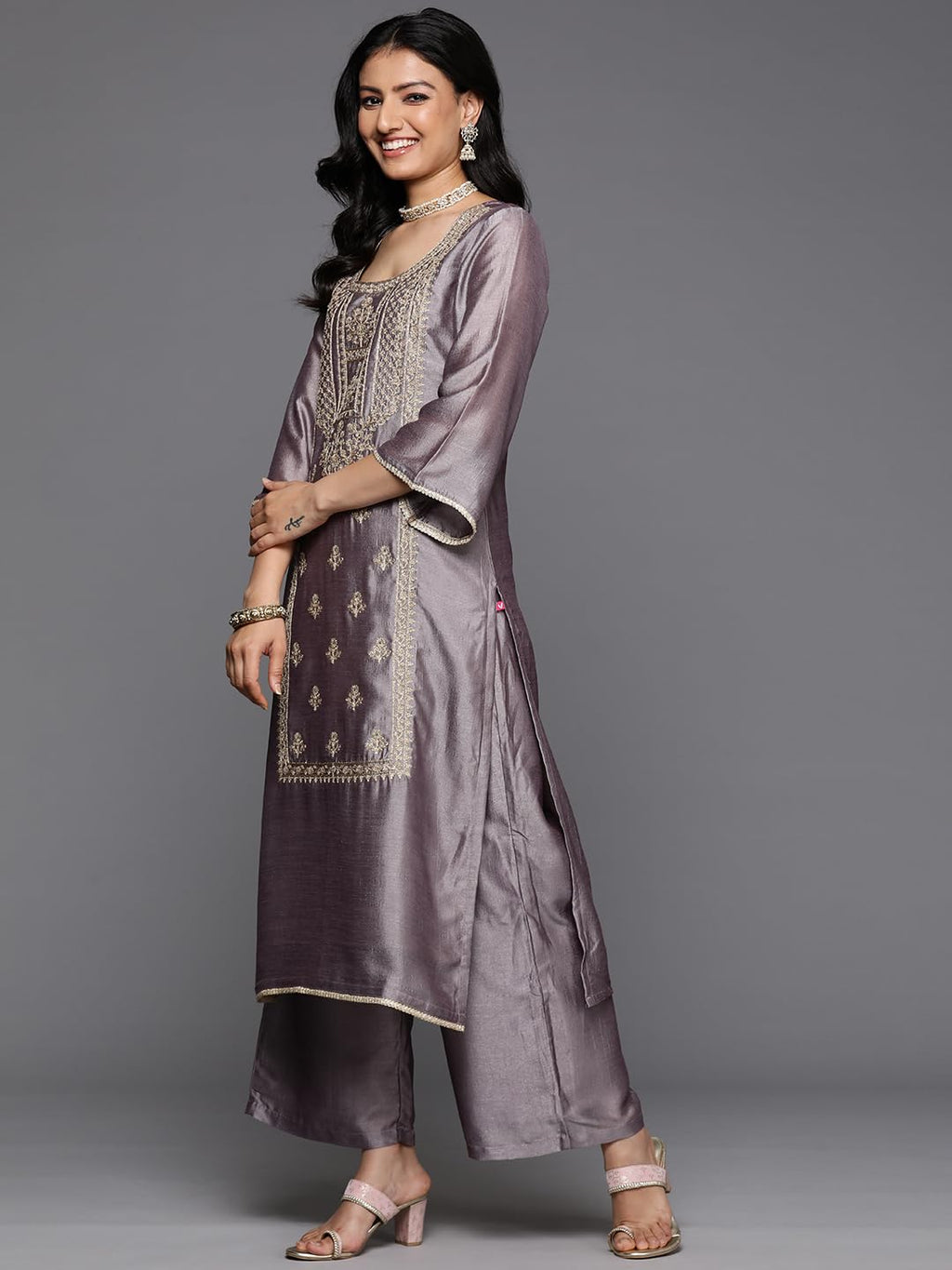 Varanga Women Grey Round Neck With Heavy Zari Embroidered Kurta With Bottom And Dupatta