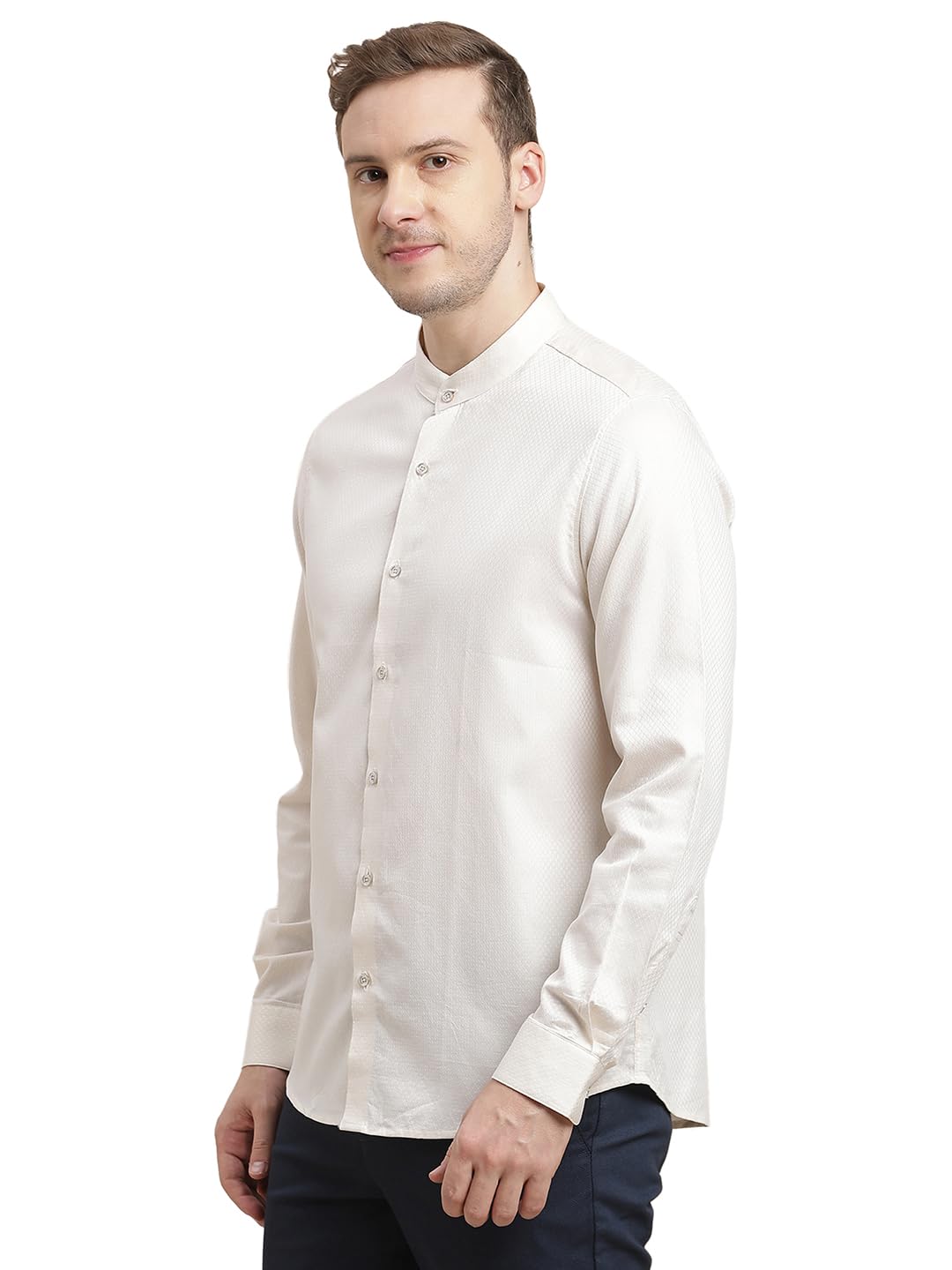 Turtle Men Giza Cotton Slim Fit Beige Dobby Print Full Sleeve Party Shirt
