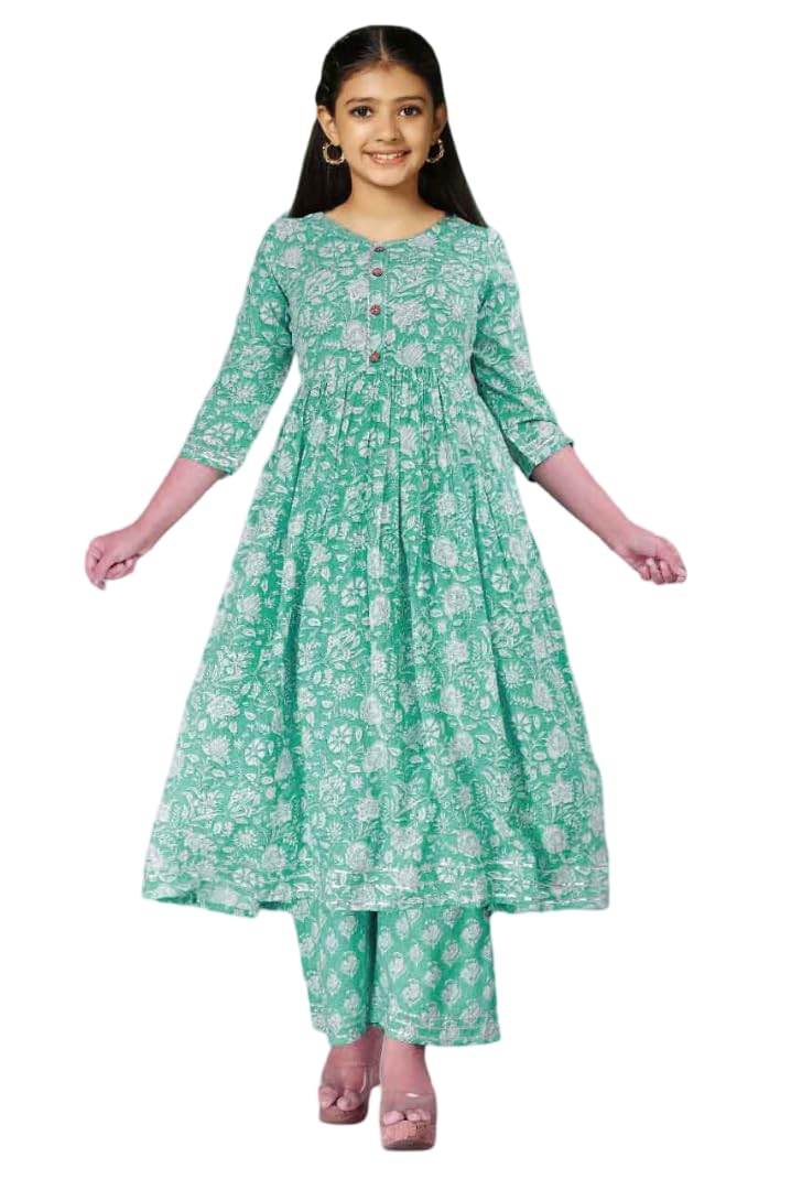 Heerkart GirlS Cotton Blend Salwar Suit Set Girls Cotton Kurta Set, Printed Kurti For Girls (In, Age, 13 Years, 14 Years, Botte 13-14