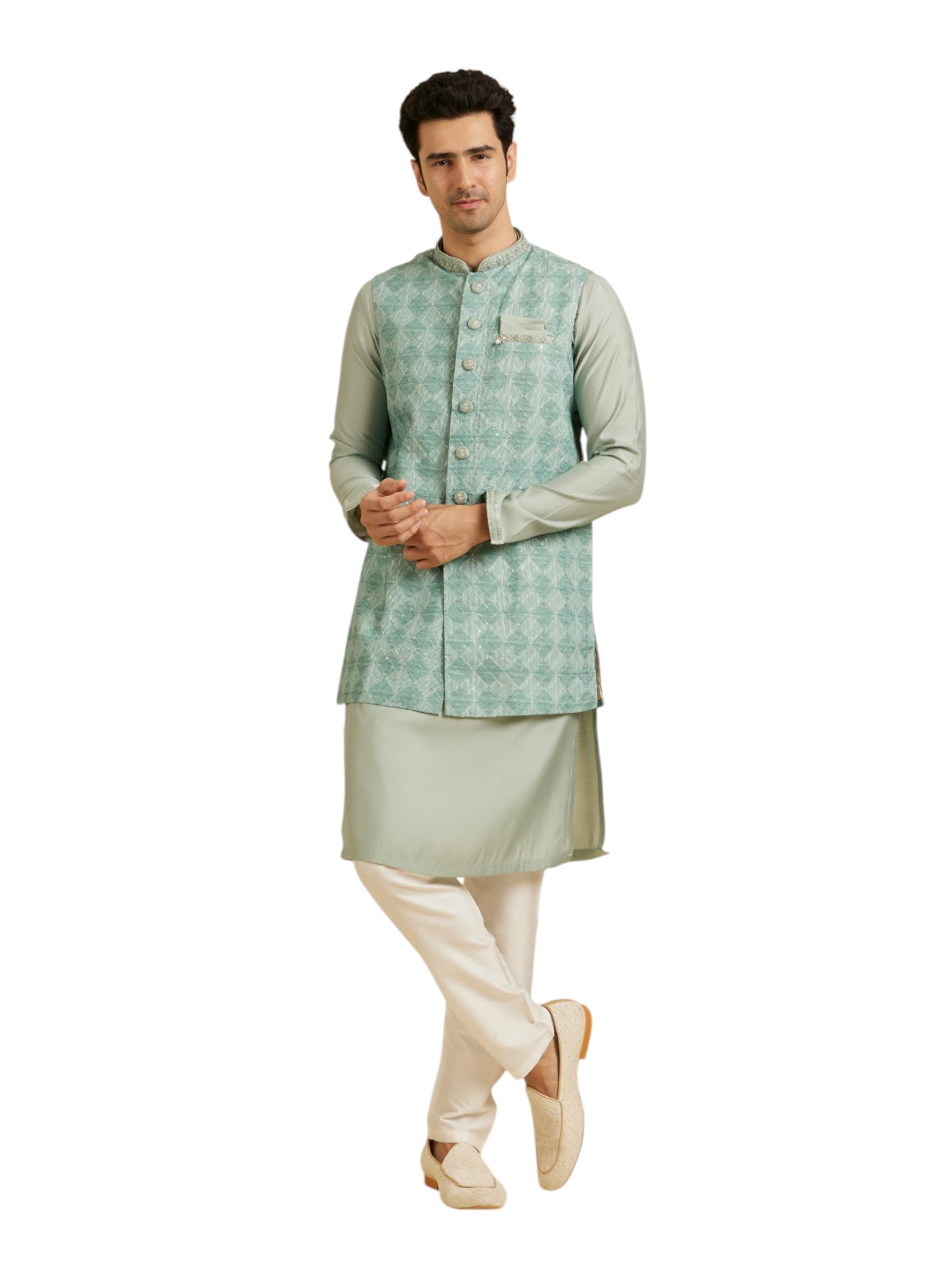 Manyavar MenS Cotton Blend Embroidered, Embellished Buttons Kurta Jacket Set (Green,3Xl)