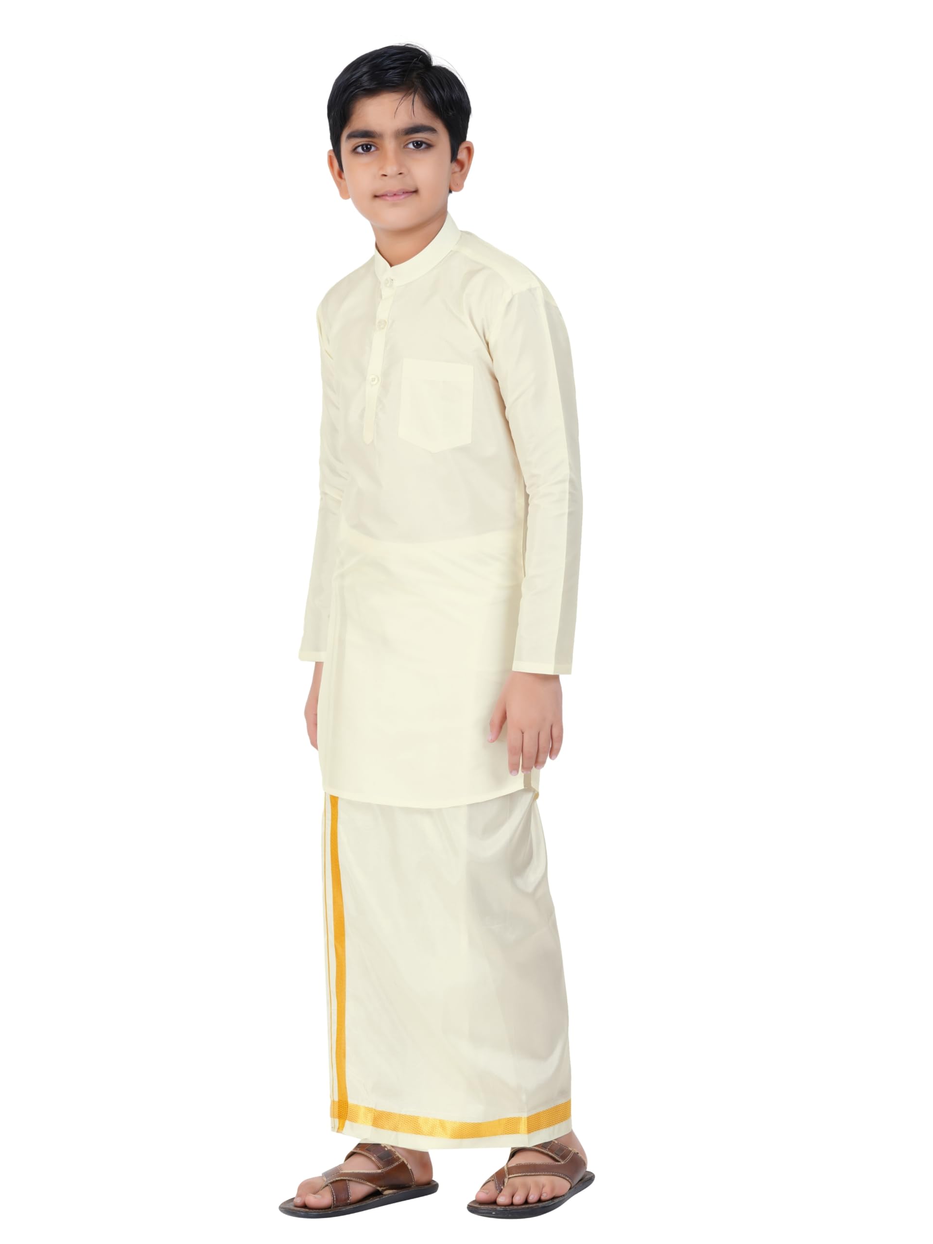 Prakasam Cotton Boys Cream Art Silk Long Sleeve Kurtha With Stitched Art Silk Cream Dhoti For Boys