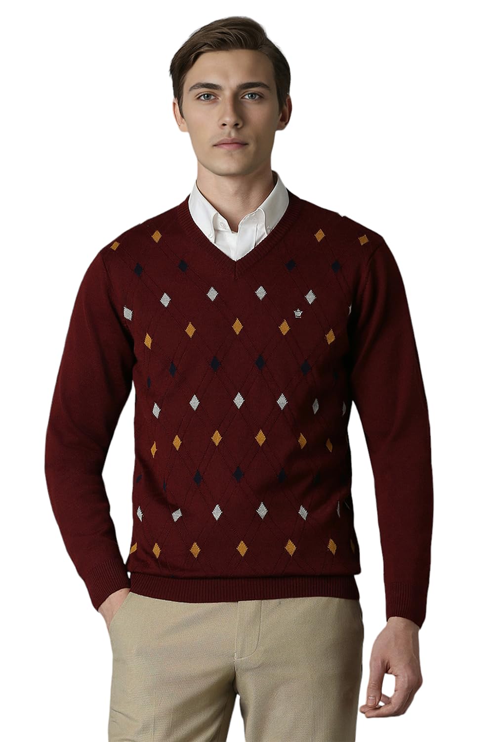 Louis Philippe Men Maroon Print V Neck Full Sleeves Sweater