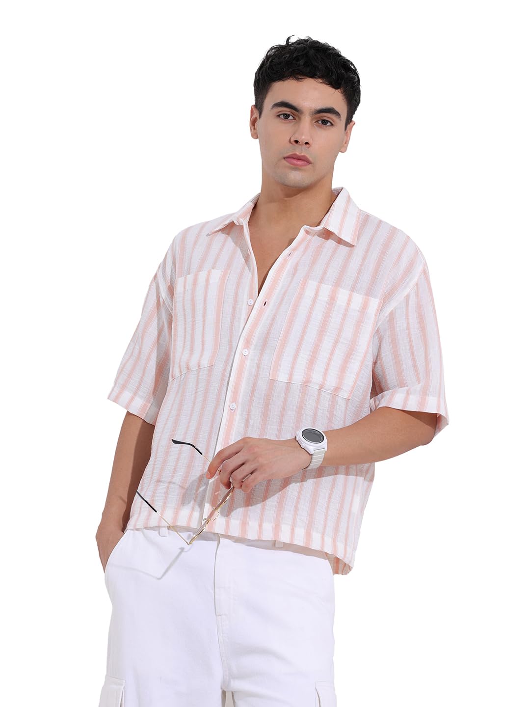 The Indian Garage Co Mens Boxy Fit Vertical Striped Cutaway Collar Half Sleeves Resort Shirt