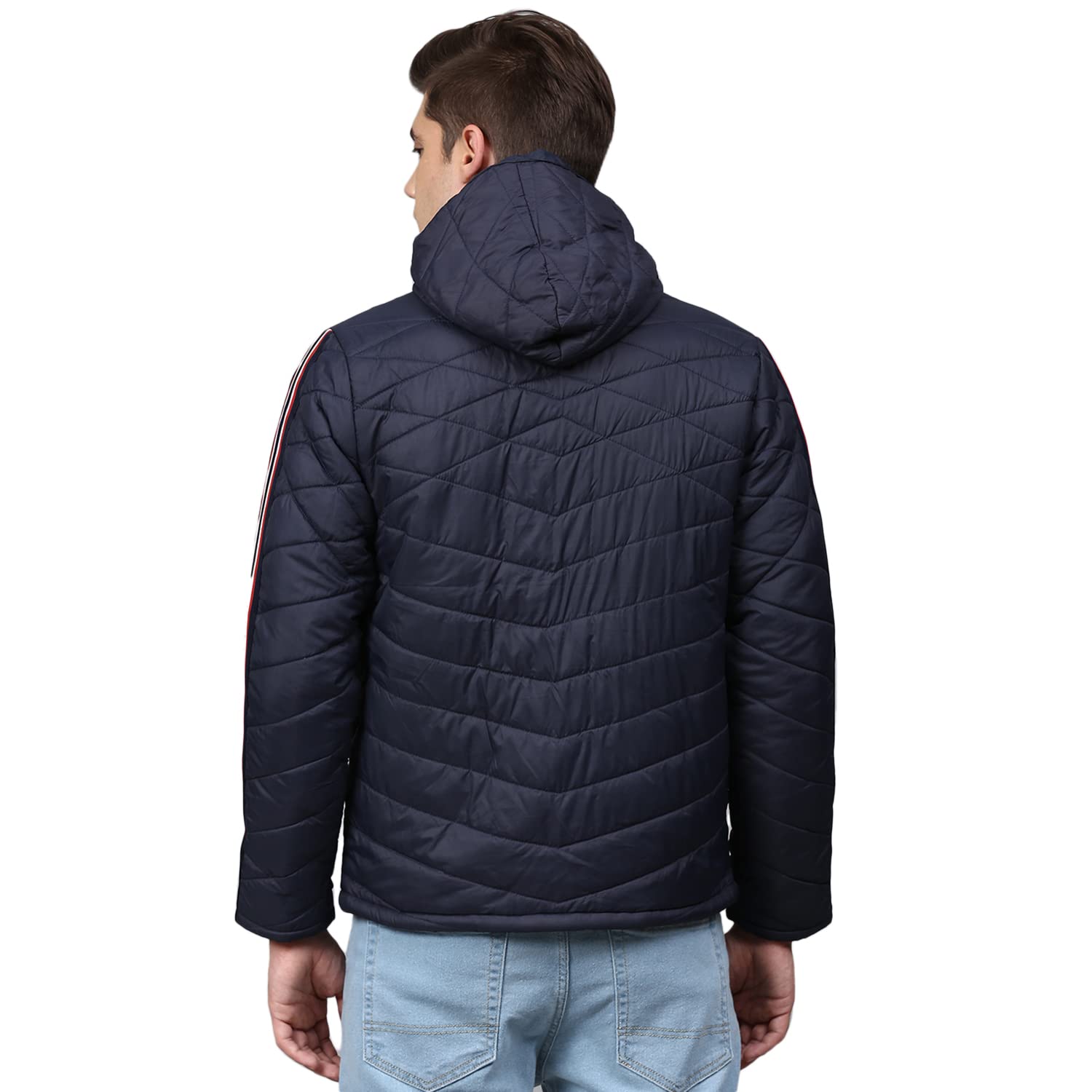 Campus Sutra Men Navy Blue Solid Windcheater Padded Jacket with Side Stripes