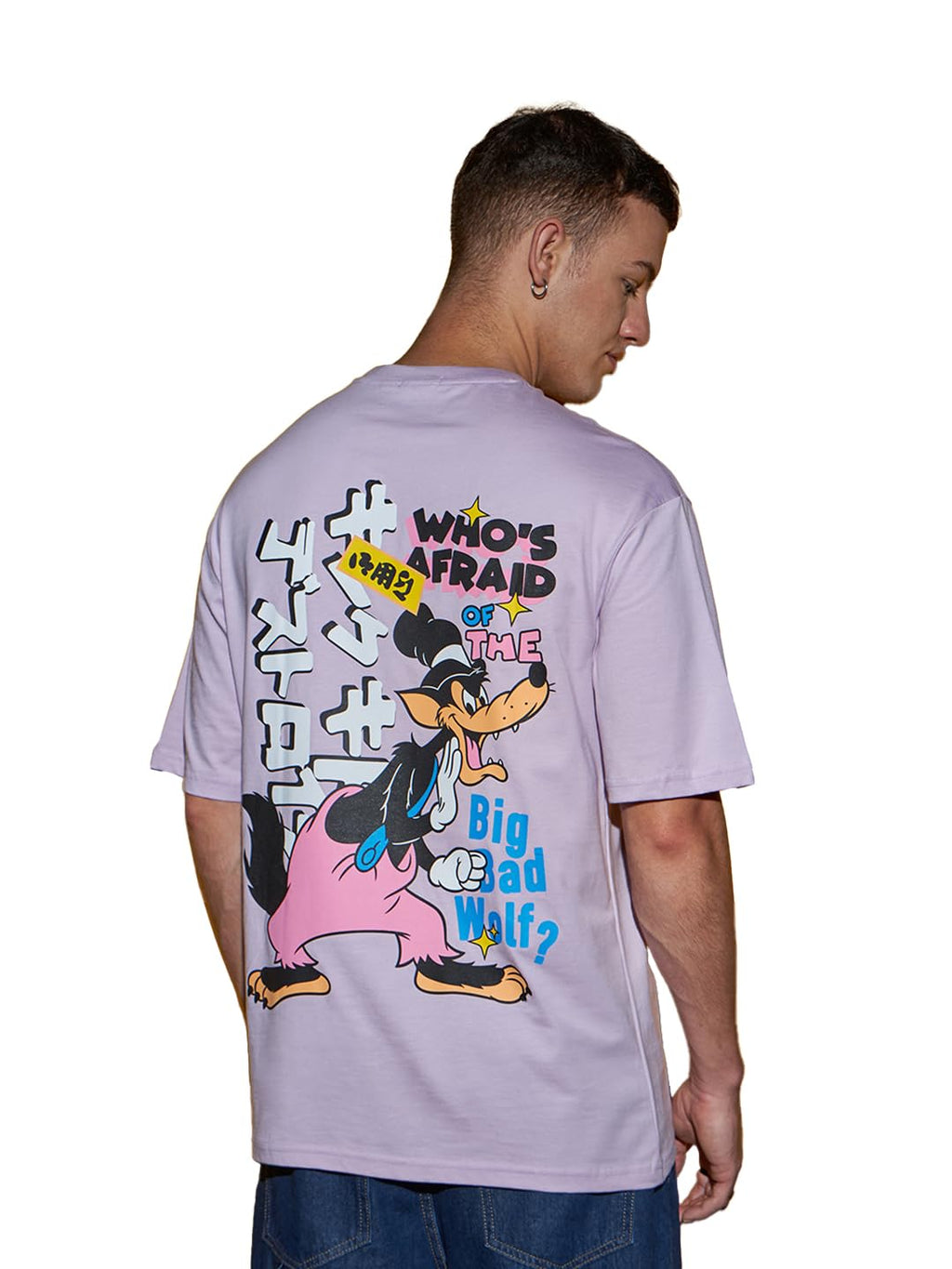 Bewakoof Official Disney Merchandise Mens Graphic Printed Oversized Half Sleeve Round Neck Cotton Jersey T-Shirt_624580_Purple_