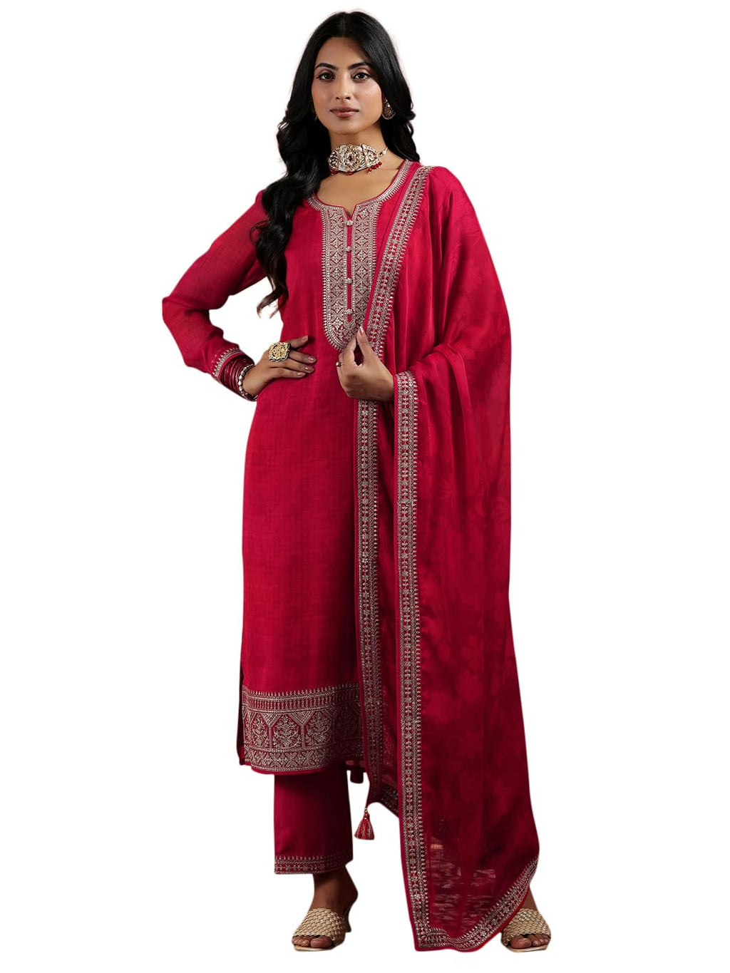 Libas Womens Embroidered Silk Blend Straight Kurta With Palazzos And Dupatta