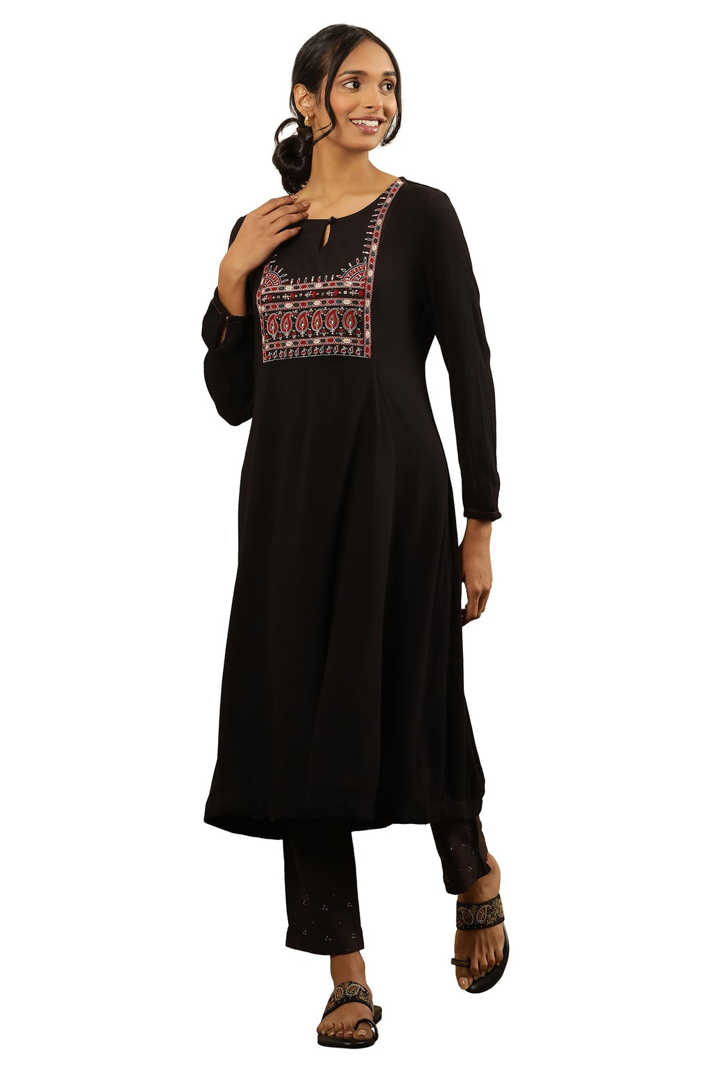Folksong By W Women Black Festive Solid Viscose A-Line Kurta_24Maf11708-920775_L