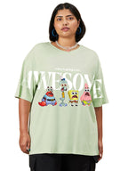 Bewakoof Official Spongebob Merchandise Women Graphic Print Oversized Fit Half Sleeve Round Neck Cotton Jersey Plus Size Tshirt_